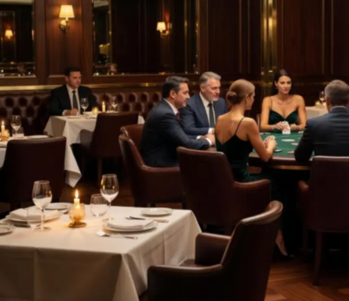 Gyertyafényes éttermi tér elegáns pókerasztallal, vendégek társaságában.