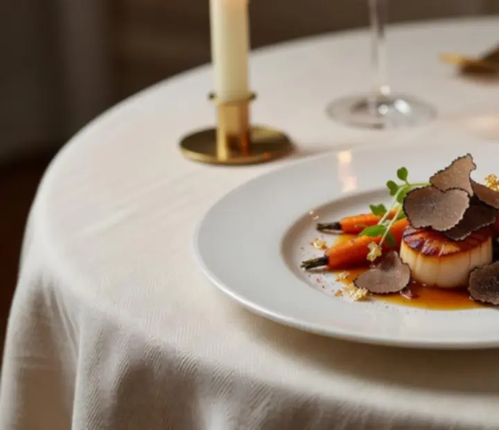 Elegánsan tálalt szezonális fogás gyertyafényes asztalon
