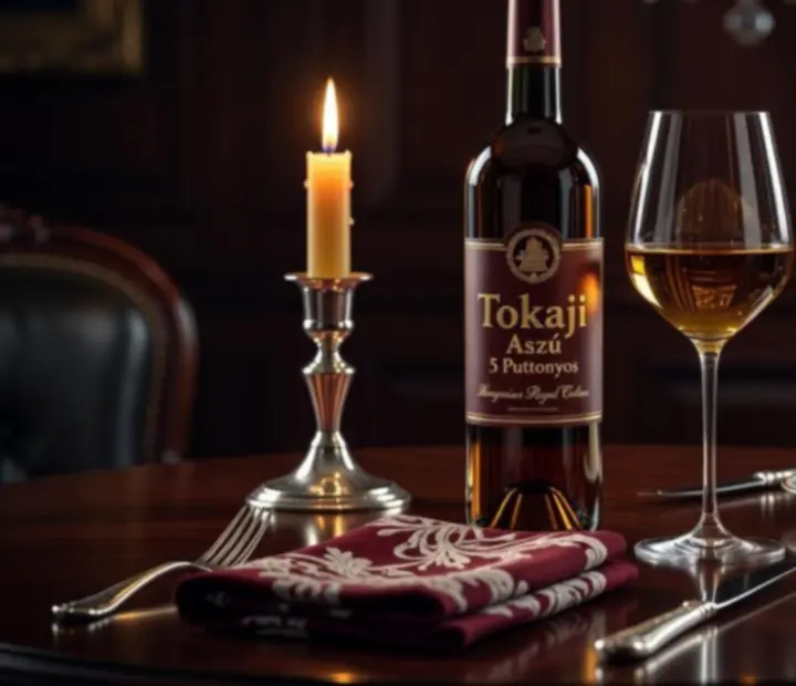 Tokaji palack és borospohár elegáns, gyertyafényes asztalon