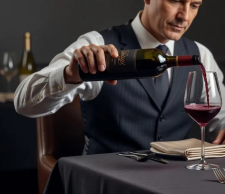Elegáns boros szerviz, sommelier fehérborral és kristály poharakkal